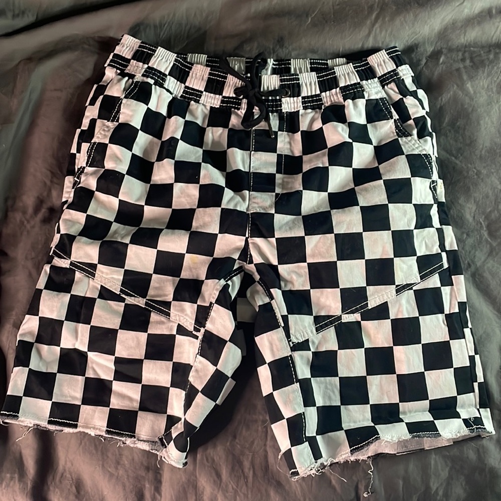 Black and white checkered print shorts